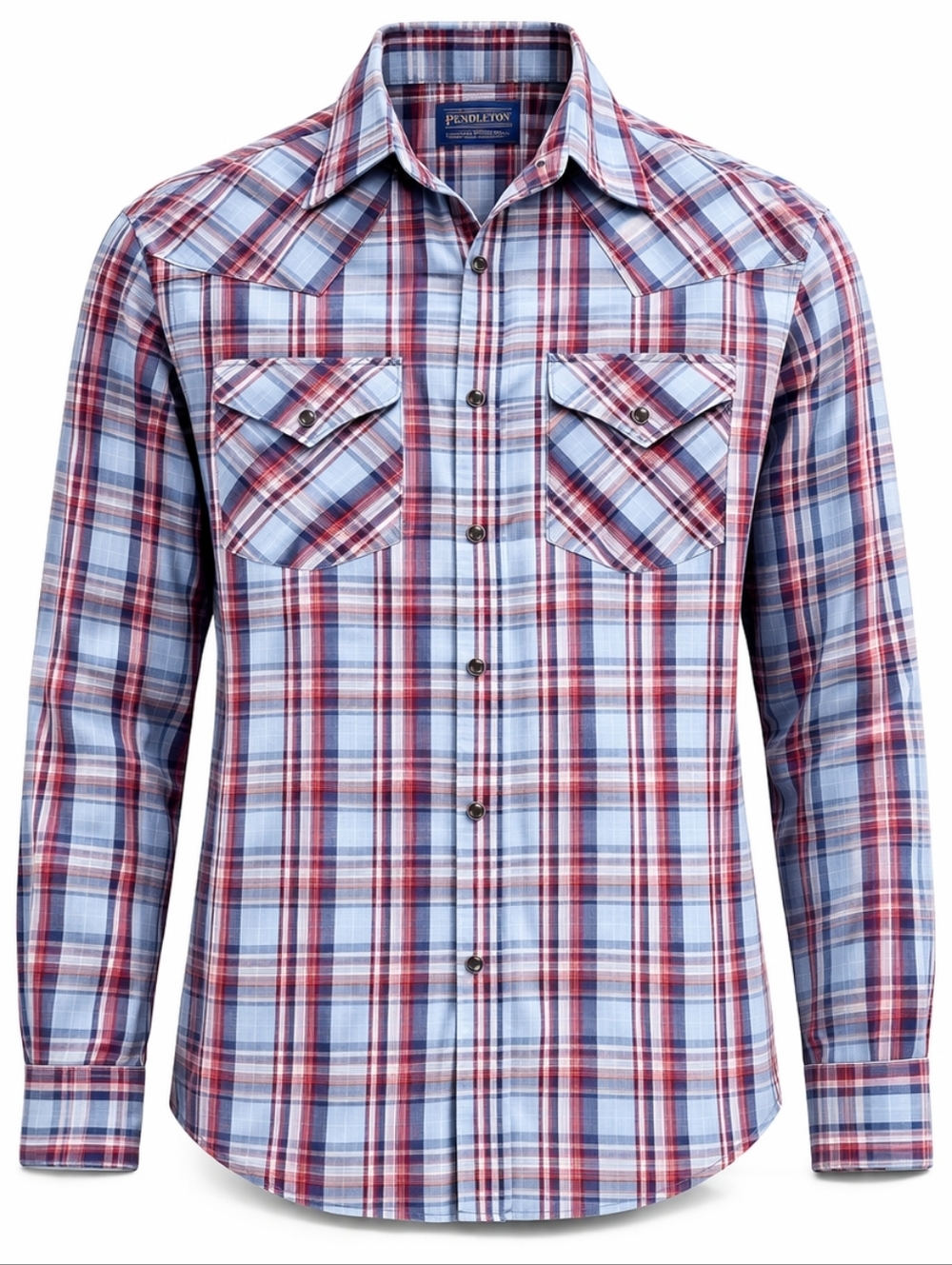 Pendleton Blue and Red Plaid Casual Button-Down Shirt Men's Medium Pearl Snap